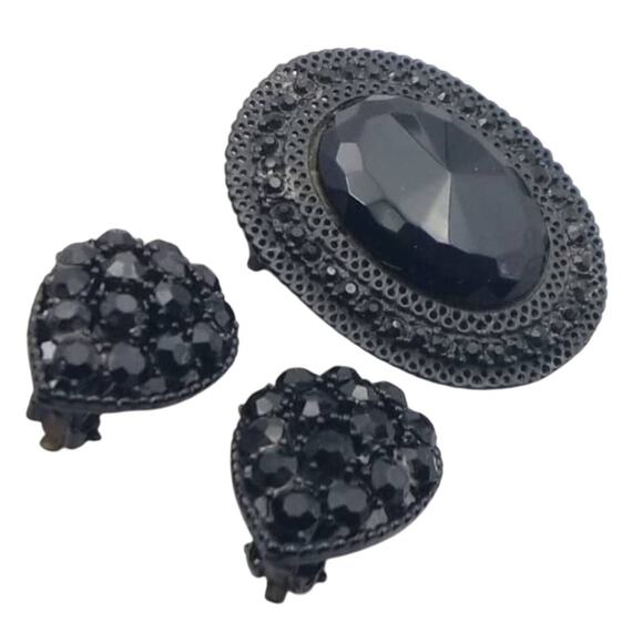 Vintage WEISS Mourning Brooch and Earrings Set  – Victorian Revival Jewelry - Picture 1 of 10